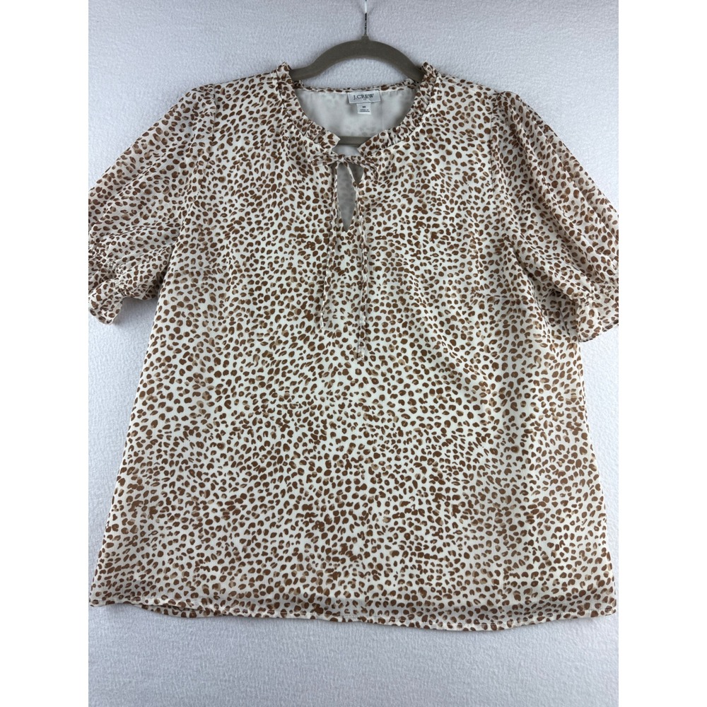 J.Crew Womens Brown White Animal Print Ruffle Tie Neck Blouse Size M